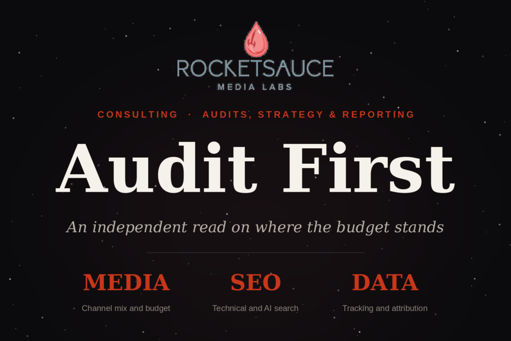 RocketSauce marketing audit graphic: Audit First, covering media, SEO, and data.
